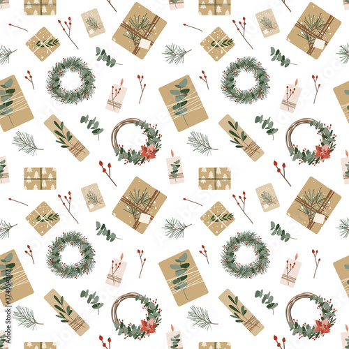 Christmas presents in kraft paper with twine ribbon and wreaths. Rustic gift box. Eco decoration, eucalyptus and spruce. Xmas and New 2021 Year celebration preparation. Vector flat seamless pattern