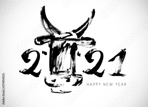 Greeting card design template with Chinese calligraphy for 2021 New Year of the ox, bull, cow. Lunar new year 2021. Zodiac sign for greetings card, invitation, posters, banners, calendar