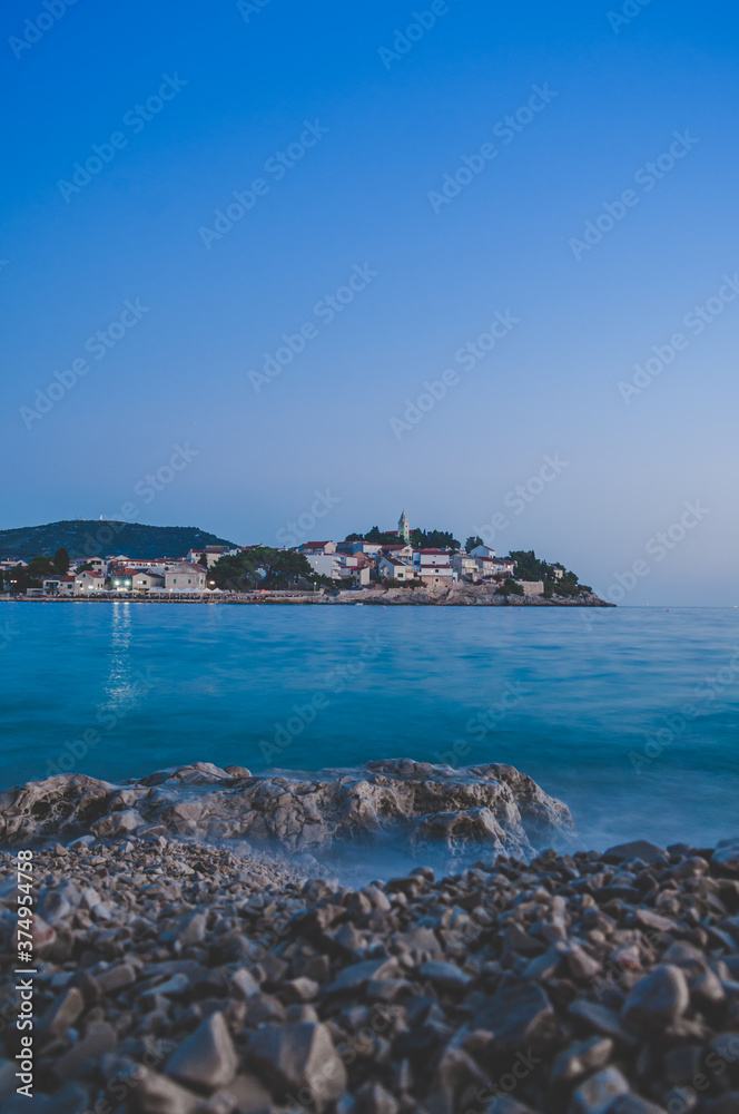 Sunset on mediterranean coastal town of Primosten, Croatia, Dalmatia