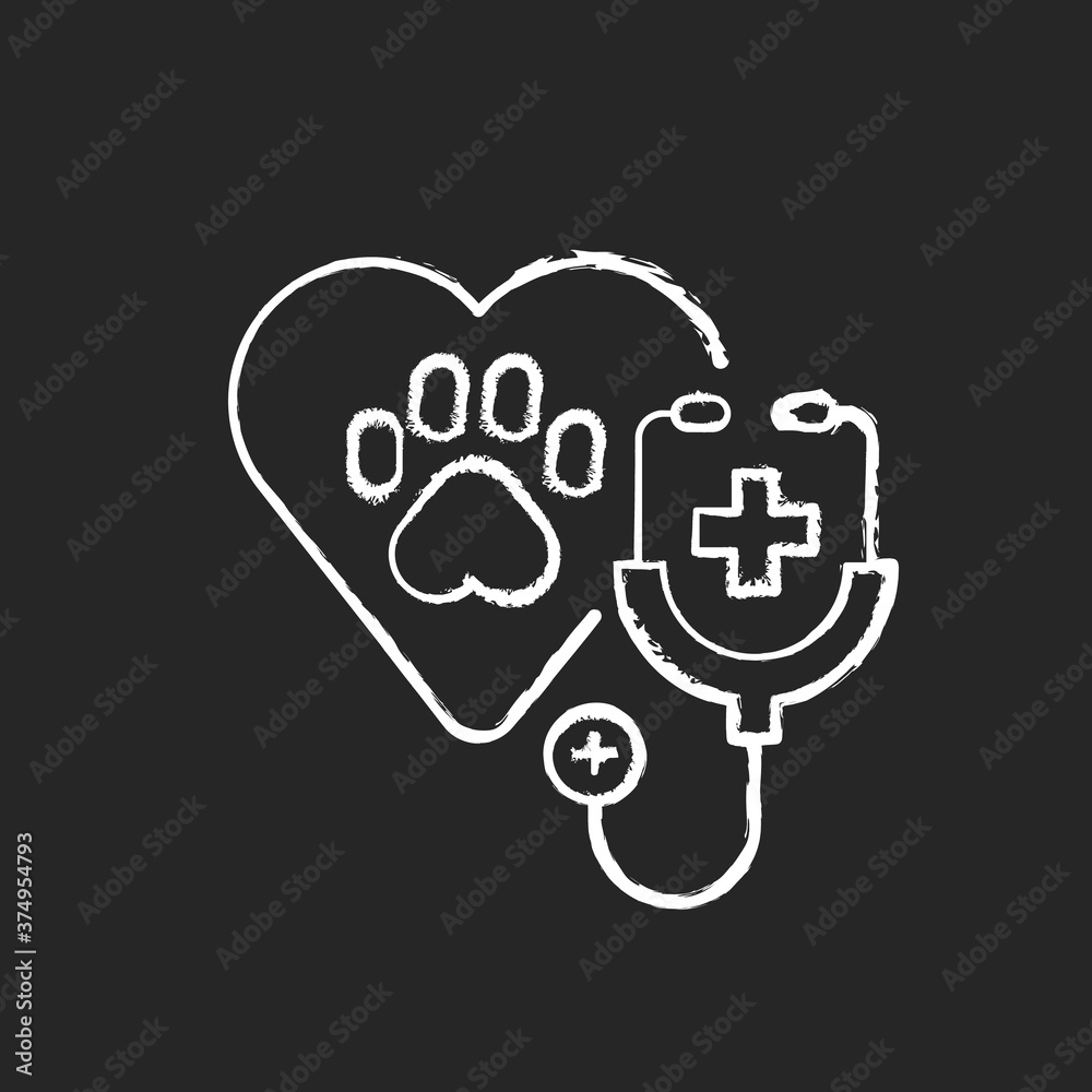Veterinary care chalk white icon on black background. Professional vet clinic, medical service, animals treatment. Heart with paw print and stethoscope isolated vector chalkboard illustration Veterinary care chalk white icon on black background. Professional vet clinic, medical service, animals treatment. Heart with paw print and stethoscope isolated vector chalkboard illustration