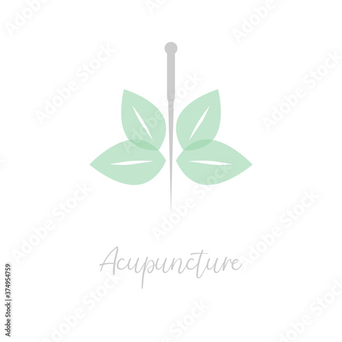 Acupuncture needle and green leaf. Alternative medicine logo, sign, icon. the acupuncture points as places to stimulate nerves, muscles and connective tissue. Acupuncture treatment. Chinese medicine