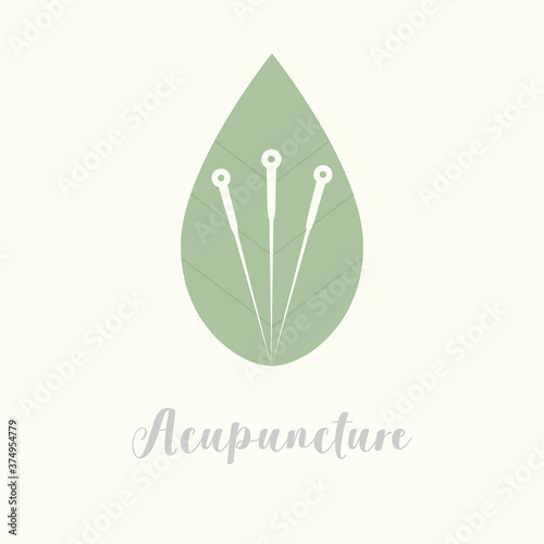 Acupuncture needle and green leaf. Alternative medicine logo, sign, icon. the acupuncture points as places to stimulate nerves, muscles and connective tissue. Acupuncture treatment. Chinese medicine