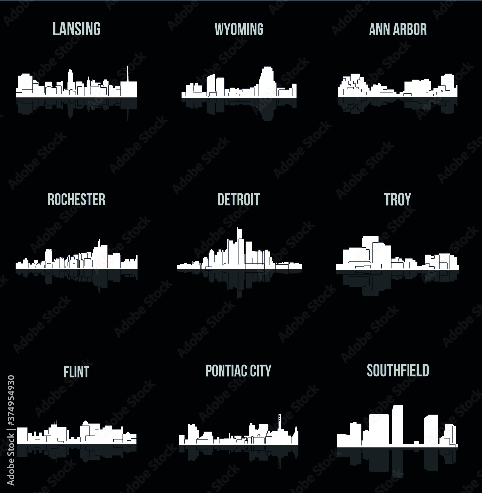 Set of 9 city silhouette in Michigan ( Rochester, Pontiac City, Detroit, Southfield, Lansing, Flint, Troy, Ann Arbor, Wyoming )