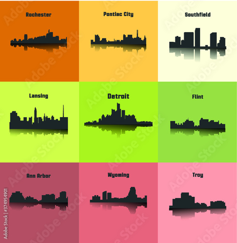 Set of 9 city silhouette in Michigan ( Rochester, Pontiac City, Detroit, Southfield, Lansing, Flint, Troy, Ann Arbor, Wyoming )