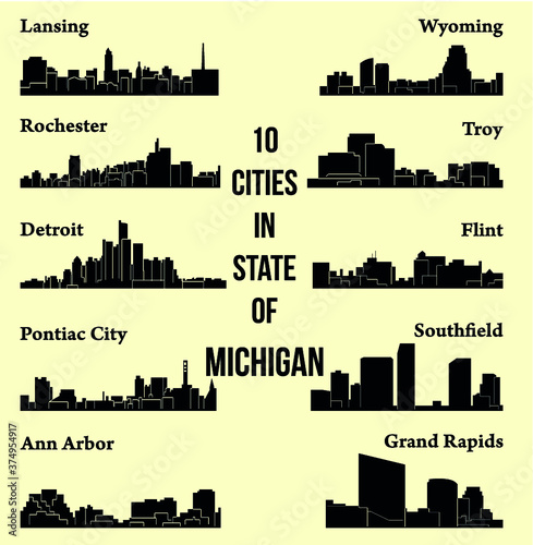 Set of 9 city silhouette in Michigan ( Rochester, Pontiac City, Detroit, Southfield, Lansing, Flint, Troy, Ann Arbor, Wyoming )