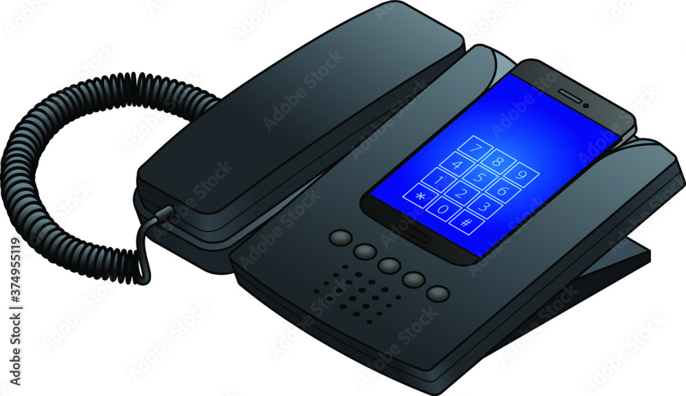 A smart phone docked into a desktop phone cradle with a corded handset. A smart phone docked into a desktop phone cradle with a corded handset.