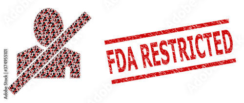 Recursion mosaic blacklisted man and FDA Restricted dirty seal. Vector mosaic is constructed of random blacklisted man elements. Stamp seal includes FDA Restricted caption between parallel lines.