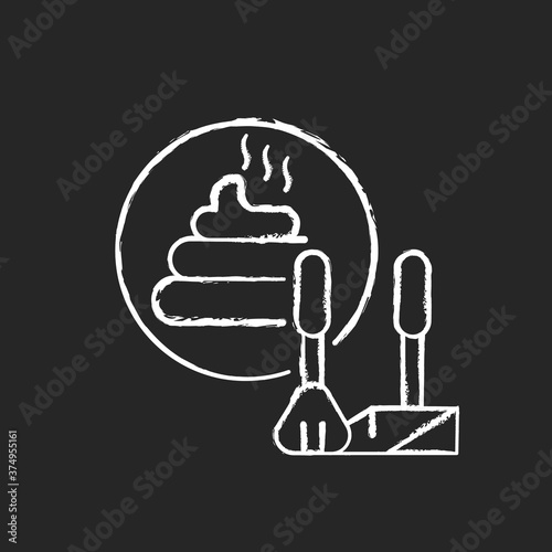 Poop scooping chalk white icon on black background. Domestic animal waste removal. Professional pet care. Cleaning after pets. Dog feces and poop scoop isolated vector chalkboard illustration