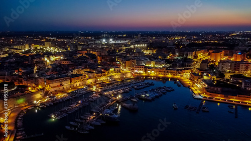 Aerial view of the port of Bisceglie at night - Historic marina in the south of Italy  in the region of Apulia  near the Adriatic Sea