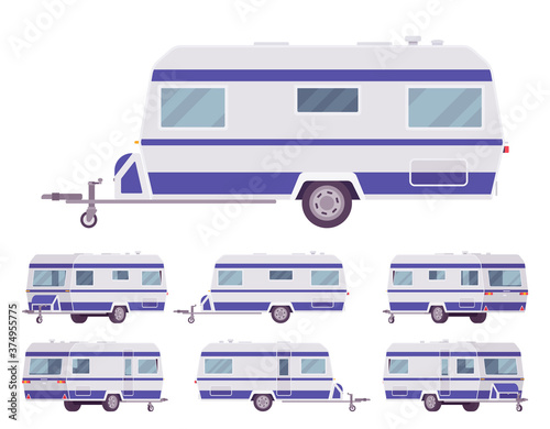 RV vintage style camper, travel trailer for outdoor adventures. Functional vacation van, camping experience and caravanning family lifestyle. Vector flat style cartoon illustration, different views