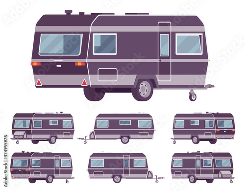 RV vintage style camper, travel trailer for outdoor adventures. Functional vacation van, camping experience and caravanning family lifestyle. Vector flat style cartoon illustration, different views