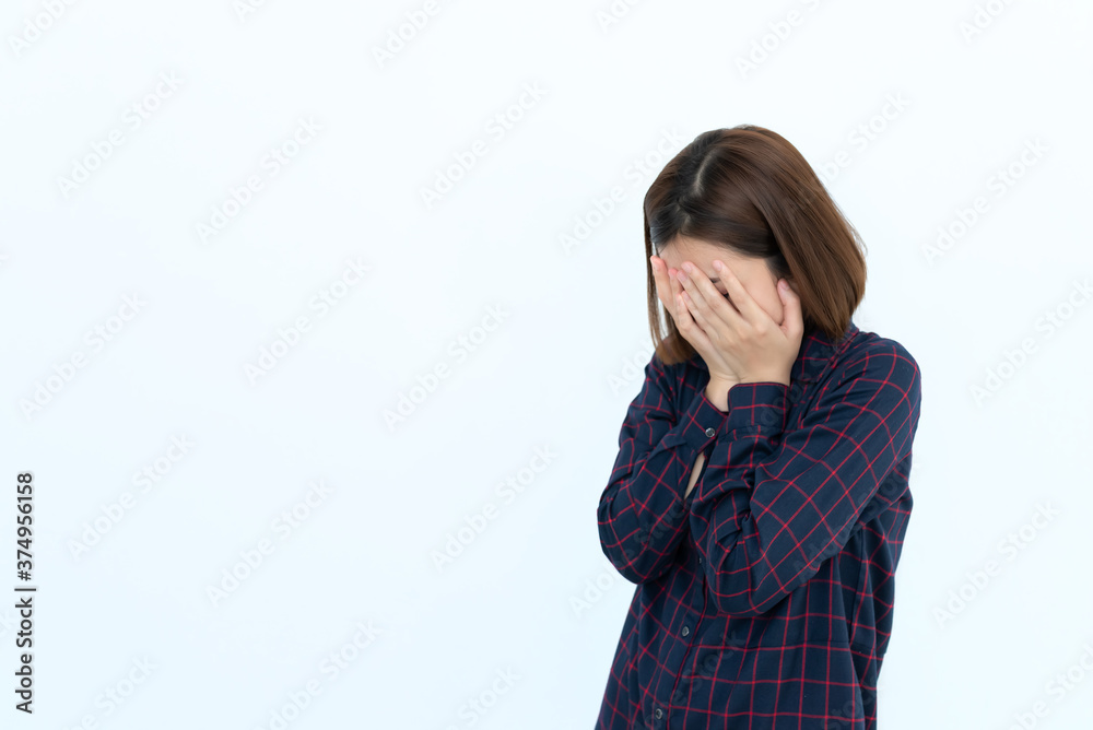 Portrait of stress woman on white background,Sad female concept Portrait of stress woman on white background,Sad female concept