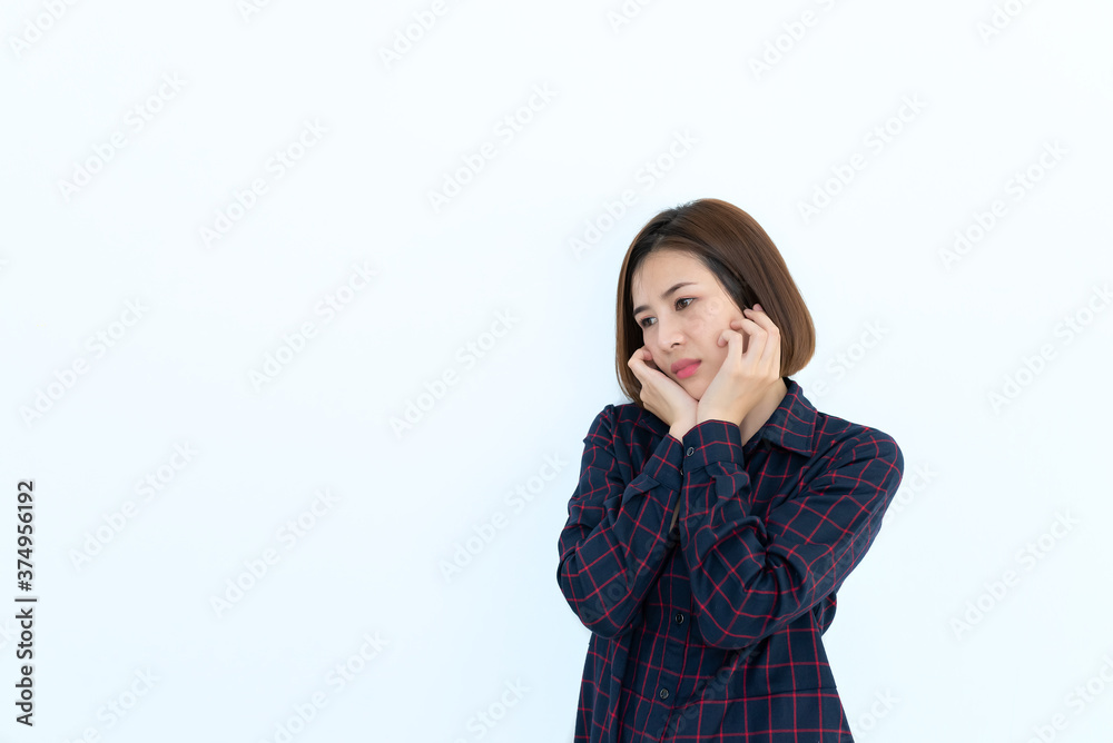 Portrait of stress woman on white background,Sad female concept Portrait of stress woman on white background,Sad female concept
