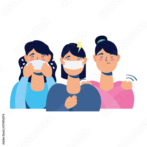 young women sick with covid19 symptoms avatars characters