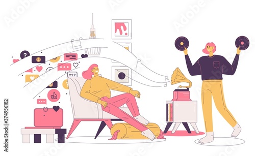 Vector concept illustration with women listening to old fashioned music via gramophone and ignoring social media push notifications on laptop. Isolated on white interior scene with two friends