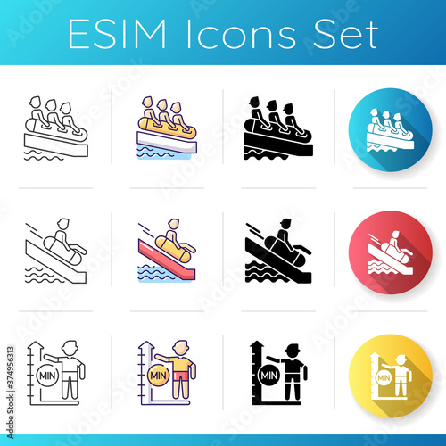 Waterpark icons set. Linear, black and RGB color styles. Aqua park rides and safety rules. Family rafting, swim circle sliding and height limit. Active recreation. Isolated vector illustrations