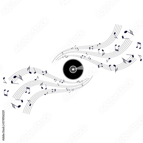 Musical lines and phonograph record on a white background.