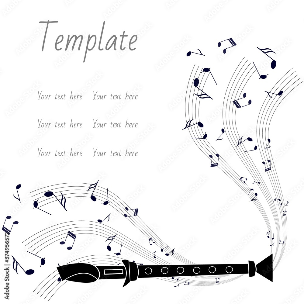 Fototapeta premium Flute and musical lines on a white background.