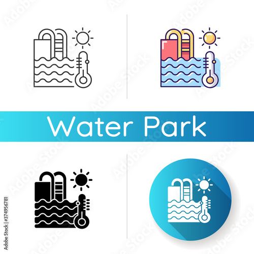 Water temperature icon. Linear black and RGB color styles. Water park recreation, summer rest. Aquapark rule, healthy conditions. Swimming pool with thermometer isolated vector illustrations