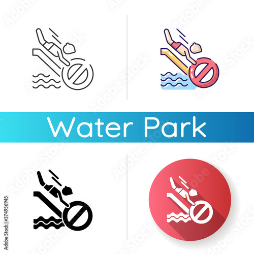 No head down sliding icon. Linear black and RGB color styles. Water park security policy, safety rule for waterslide attractions. Aqua park entertainment. Isolated vector illustrations