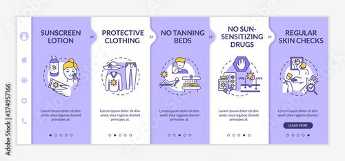 Skin cancer prevention onboarding vector template. Sunscreen lotion. Protective clothing. Responsive mobile website with icons. Webpage walkthrough step screens. RGB color concept