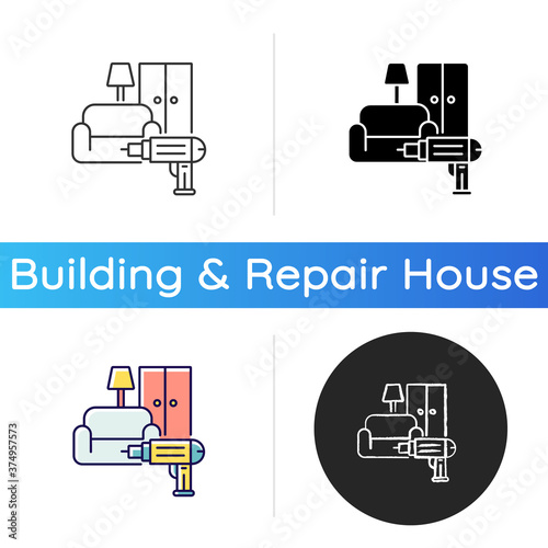 Furniture installation icon. Screwing wardrobe. Household. Screwdriver. House maintenance. Furniture assembly service. Linear black and RGB color styles. Isolated vector illustrations