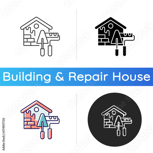 External decoration icon. Exterior painting. House decorating and renovating. Outside decor. Construction process. Linear black and RGB color styles. Isolated vector illustrations