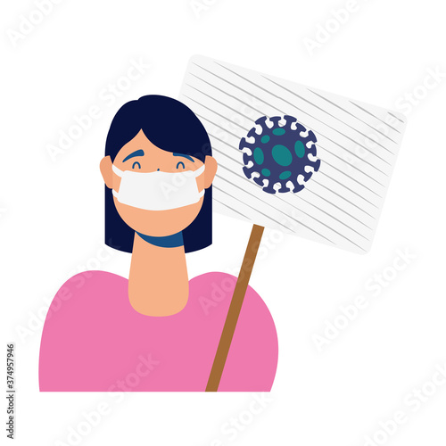 woman wearing medical mask with covid19 protest banner character