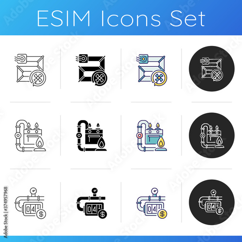 House improvements icons set. Vent pipes. Drain waste vent system. Gas pipework. Counter installation. Natural gas meter. Linear, black and RGB color styles. Isolated vector illustrations