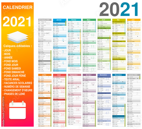 Calendrier 2021 14 mois avec vacances scolaires officielles 2021 2022 entièrement modifiable via calques et texte arial