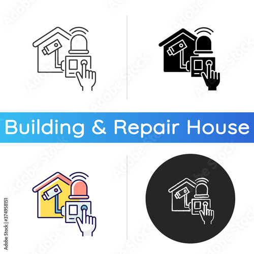 Home alarm system icon. Wireless alarms. Monitoring house. Smart CCTV. Improvements and security. Home security system. Linear black and RGB color styles. Isolated vector illustrations