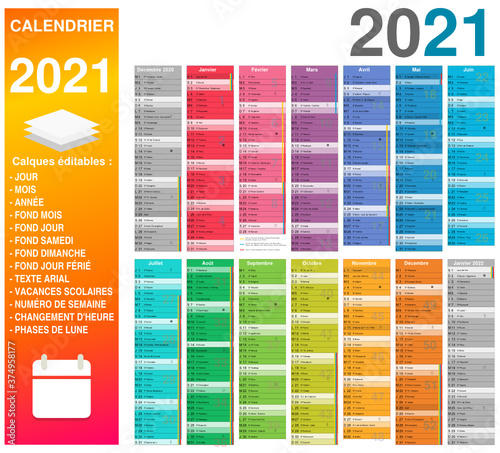 Calendrier 2021 14 mois avec vacances scolaires officielles 2021 2022 entièrement modifiable via calques et texte arial