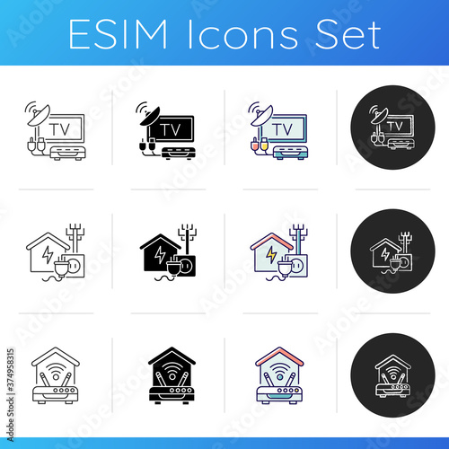 Home facilities icons set. TV tuner. Home television. Electricity connection. Electrical power. Internet connection. Wi Fi router. Linear, black and RGB color styles. Isolated vector illustrations
