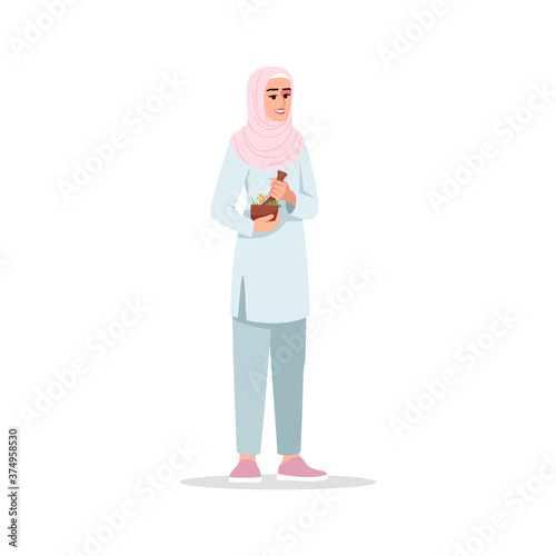 Alternative medicine specialist semi flat RGB color vector illustration. Herbal medicine. Young arab woman working as complementary medicine doctor isolated cartoon character on white background