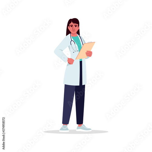 General practitioner semi flat RGB color vector illustration. Primary care physician. PCP. Young hispanic lady working as medical doctor isolated cartoon character on white background