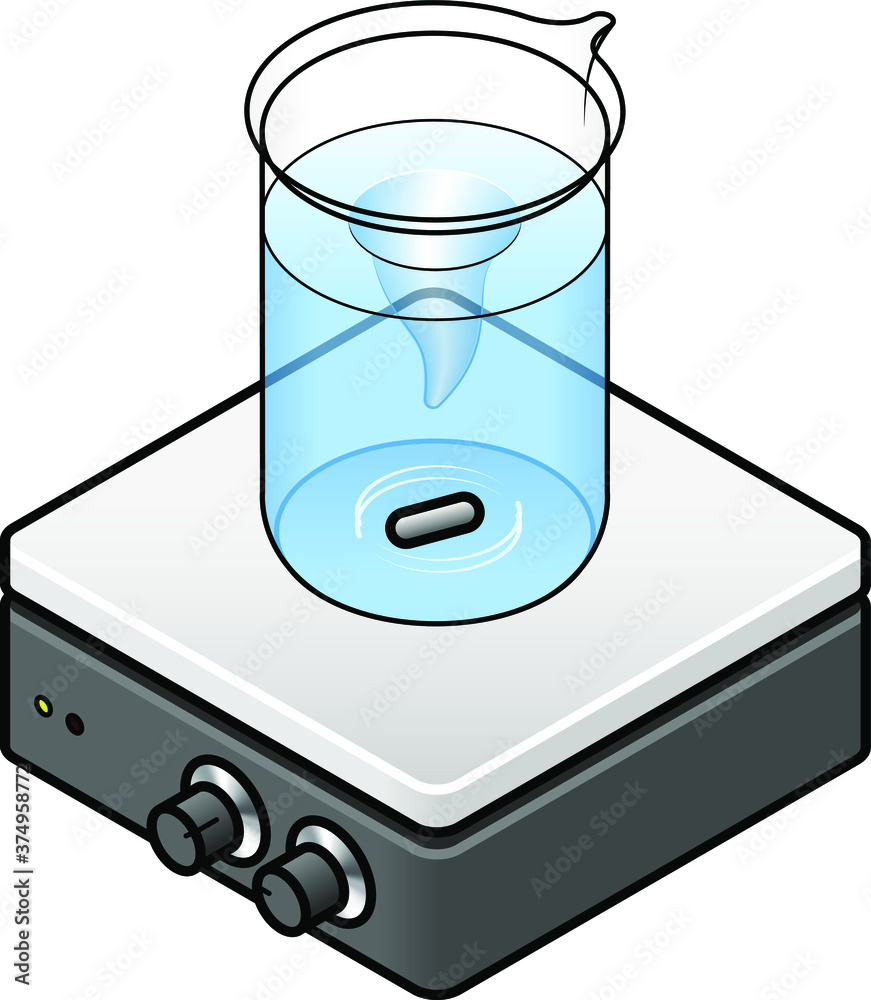 Lab equipment stirrer pellet in a beaker of liquid. Stock