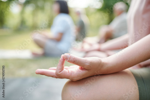 Wallpaper Mural Close-up of unrecognizable woman touching fingers in mudra while meditating at group class outdoors Torontodigital.ca