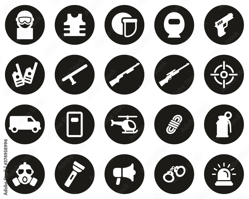 SWAT Team Icons White On Black Flat Design Circle Set Big SWAT Team Icons White On Black Flat Design Circle Set Big