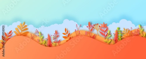 Autumn leaves wavy border in paper cut style. Vector 3d illustration of different color leaf, with realistic shadow. Cut out of cardboards elements, decoration of autumn holiday on blue sky background
