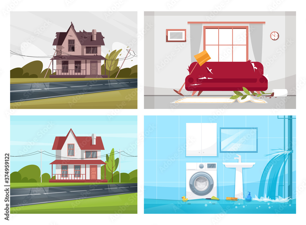 Usual household incidents semi flat vector illustration set. House before reconstruction. New living space design. Messy living room, flooded bathroom 2D cartoon scenes collection for commercial use