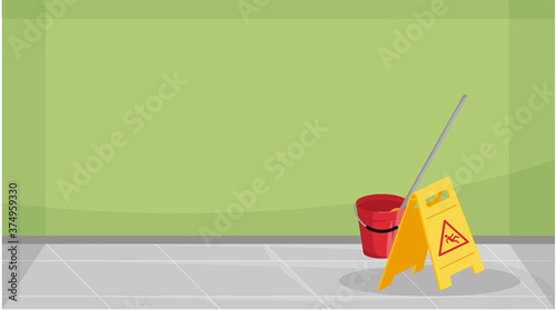 Cleaning tools semi flat RGB color vector illustration. Warning yellow sign, red bucket with mod. Wet and slippery floor after cleaning cartoon object on green background