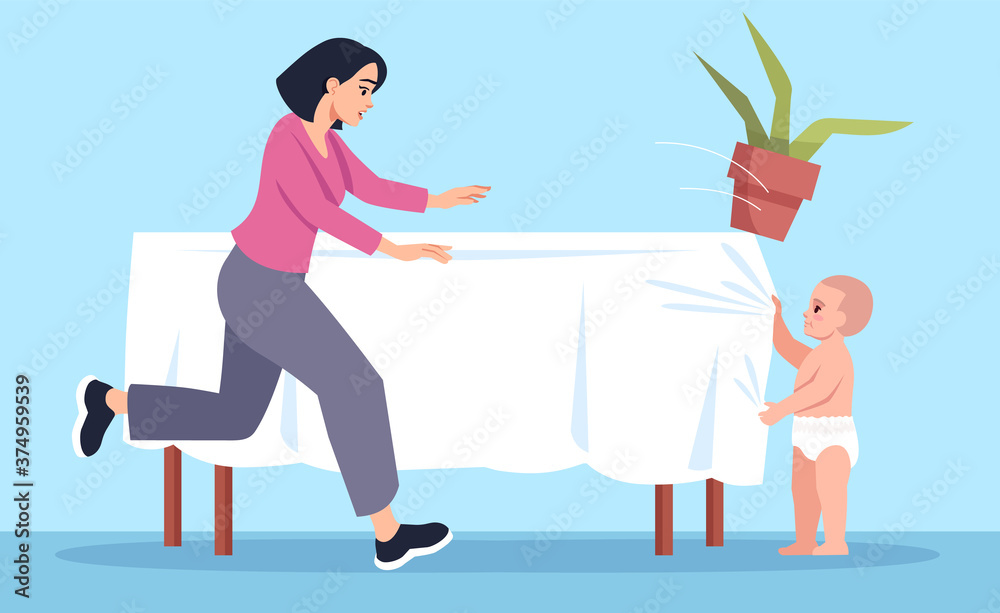 Curious toddler pulls tablecloth with flower semi flat vector illustration. Mother runs to help. Accidental childhood injuries semi flat vector illustration 2D chartoon characters for commercial use