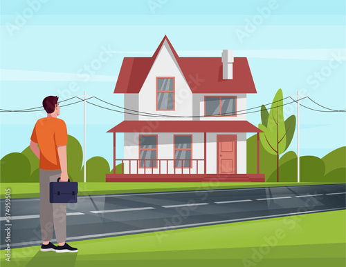 Man delighted by renovated house with new windows semi flat vector illustration. Cozy and welcoming two-storied building. Nice weather. Green bright environment 2D cartoon scene for commercial use