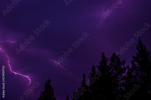 Thunder and lightning in the purple sky against the silhouettes of trees.