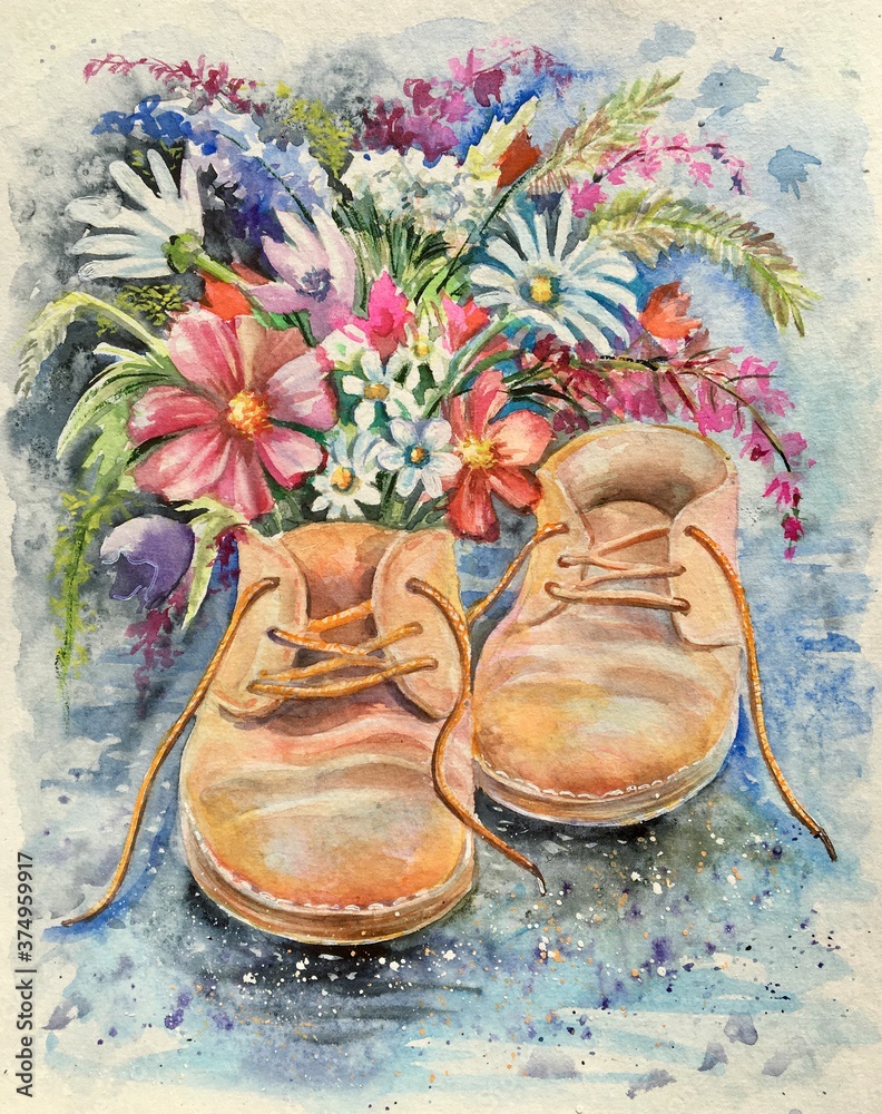 Watercolor spring, summer flowers in an old boots. Design element ...