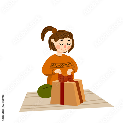 Cute girl holding a big gift box in front of her in arms. Flat style vector illustration isolated on white background. Child cartoon character. 