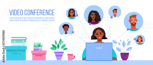 Video conference or call illustration with black working woman, laptop, diverse people avatars. Virtual meeting and group chat vector concept with freelancers, workplace. Video call flat banner