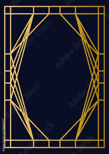 Luxury art deco greeting card and invitation template. Decoration geometric ornament. The gold texture on dark background. 