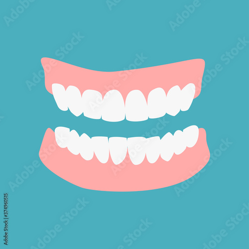 Denture icon gums with teeth or dentures isolated on green background. Dental prostheses, tooth orthopedics sign, teeth image, icon dental. Vector flat cartoon illustration.