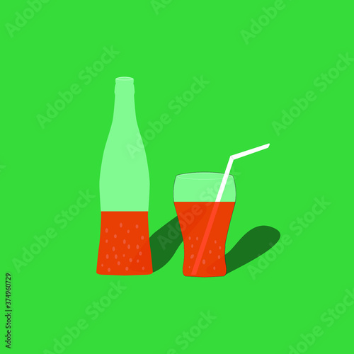 Bottle and glass with lemonade and a tube on a green background